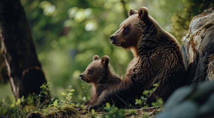 Fototapeta premium Mother bear and her cub sharing a tender moment in the forest.