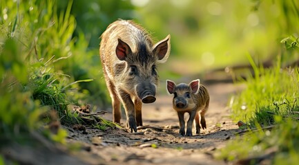 Fototapeta premium A wild boar and her piglet wandering down a forest path together.