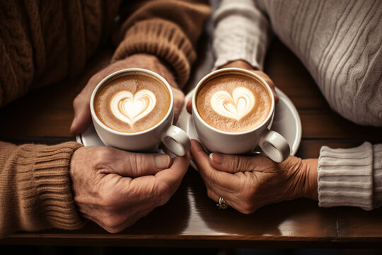 Happy senior couple hands holding coffee latte with heart shaped latte art, eldery lover and valentine concept.