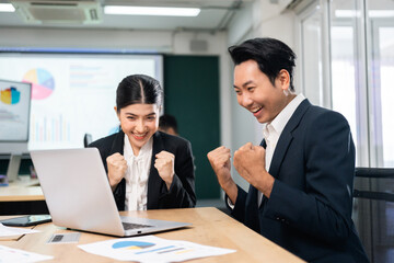 Asian business people team analyzing statistics financial. Team of businesspeople Meeting Conference Discussion Corporate Concept in office.