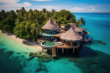 Luxury hotel for vacation on honeymoon at tropical paradise island on beautiful sunny day. Resort for snorkeling and diving activities.  - obrazy, fototapety, plakaty