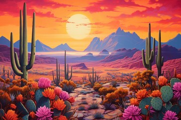 : Cacti in a desert landscape, standing tall against the backdrop of a vibrant orange and pink sunset.