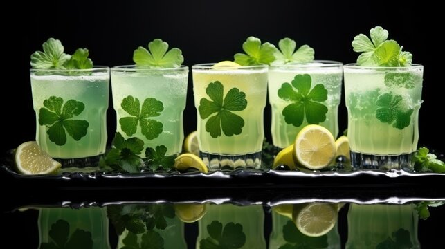  four glasses of lemonade with shamrock leaves and lemon slices on a black background with a reflection of the glass.