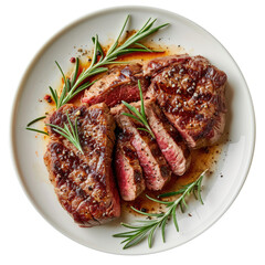 grilled meat with tomato and potato wedges on a white plate. top view, transparent background