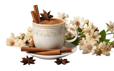 Obraz na płótnie Canvas Genuine Photography Showcasing a Cup with Flowers and Cinnamon on a Clean White Surface Isolated on Transparent Background PNG.