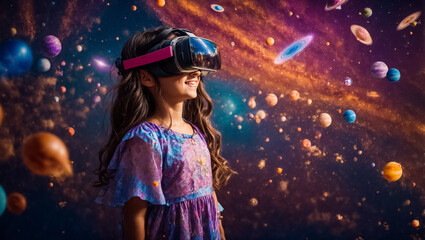 Little girl wearing virtual reality glasses fantasy