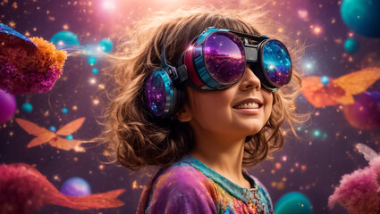 Little girl modern  wearing virtual reality glasses