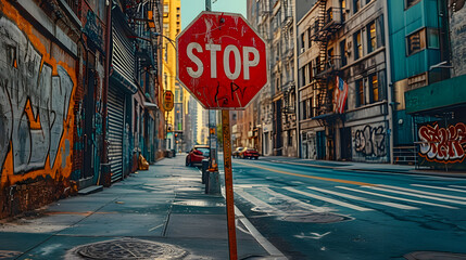 Urban street scene with a prominent stop sign, colorful graffiti on walls, and shadows casting over...