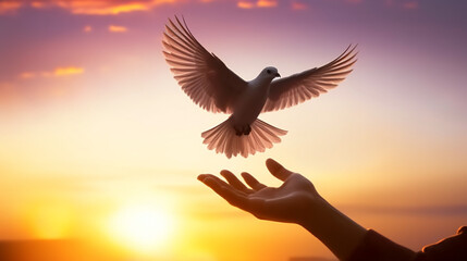 Silhouette of a dove flying back to the hands. Freedom concept. Generative AI