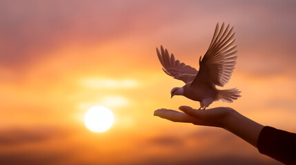 Silhouette pigeon flying out from hands in a sunset background. Freedom concept. Generative AI - obrazy, fototapety, plakaty