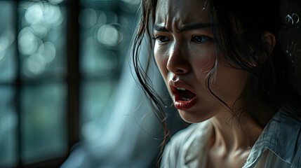 Portrait Shocked Asian Woman Overslept Opening, Background HD For Designer