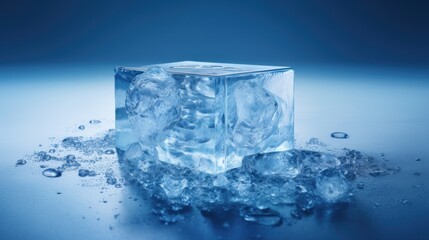  a cube of ice on a table with water splashing on the floor and on top of the cube are ice cubes and water droplets.