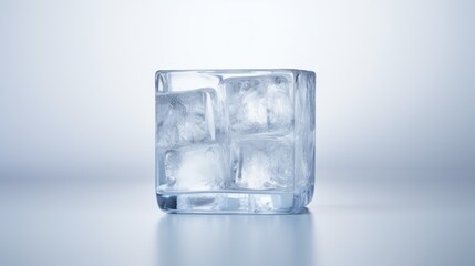  an ice cube sitting on top of a table next to a glass of water with ice cubes in it.