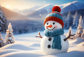 Obraz premium CUTE SNOWMAN WITH SNOW BACKGROUND LANDSCAPE SPACE FOR COPPY