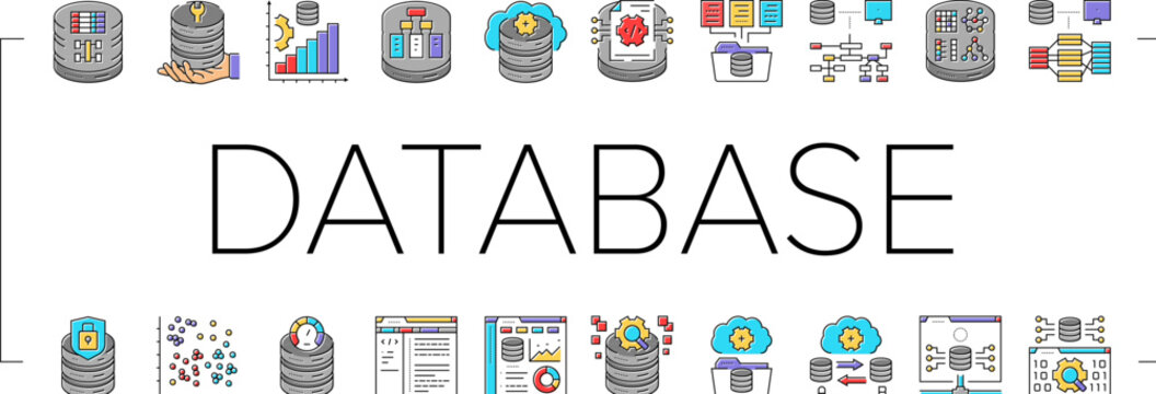 database administrator server icons set vector. technology business, laptop computer, cloud system, network engineer, internet database administrator server color line illustrations