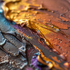 Macro photograph of cosmetic products with metallic hues, creating a melted metal effect