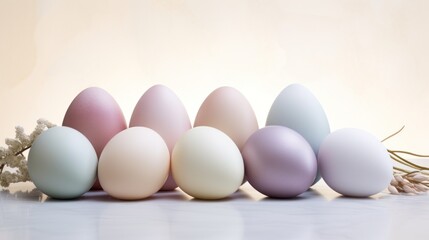  a row of pastel colored eggs sitting next to each other on a white surface with a baby's breath flower in the foreground.