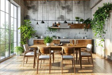 Nordic Luxury: 3D Rendering of Modern Scandinavian Dining Room in Loft Apartment