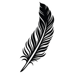 Obraz premium Black fluffy feather. Hand drawing vintage art realistic quill feathers for pen detailed isolated vector elegant silhouette sketch bird plume set