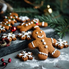 Obraz na płótnie Canvas Homemade Christmas Gingerbread Cookies: Festive Decorations on a Winter Background