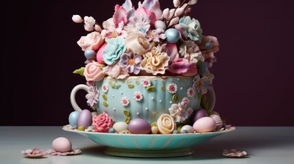  a teacup filled with lots of different types of flowers on top of a table next to a pile of candies.