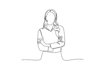 Costumer service pose in front costumer. Marketing Concept. Single line draw design vector graphic illustration.