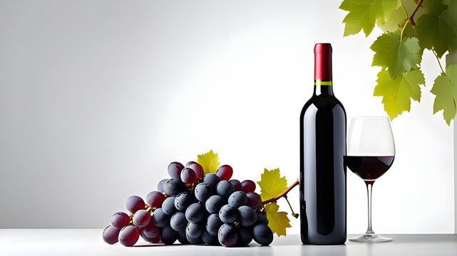 Bottle and glass of red wine on a white background. Copy space. Grapes and grape leaves were placed on the table.
