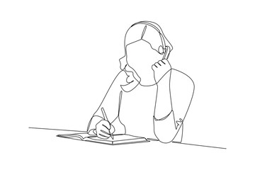 Customer service is write consumers complaint at office. Marketing Concept. Single line draw design vector graphic illustration.