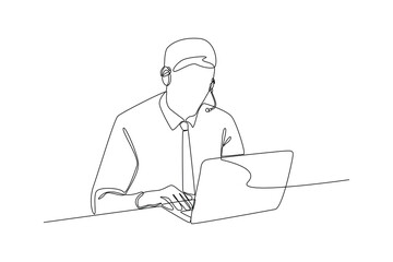 Young man customer service is typing consumer insight with laptop. Marketing Concept. Single line draw design vector graphic illustration.