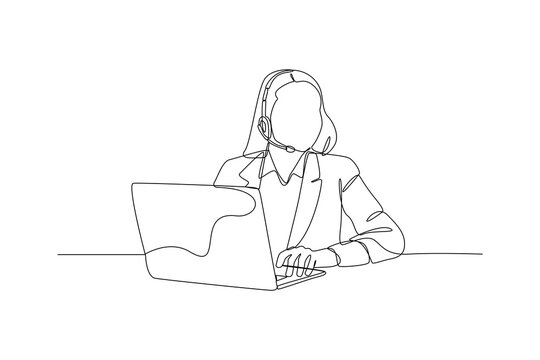 costumr service is constantly interacting with different consumers and resource in front laptop. Marketing Concept. Single line draw design vector graphic illustration.