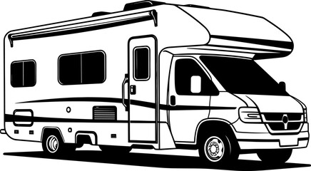Motorhome icon. Camper minibus. Black silhouette. Side view. Vector simple flat graphic illustration. The isolated object on a white background. Isolate. AI generated illustration.