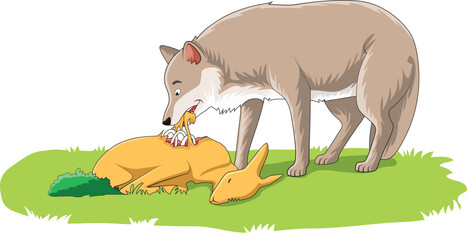 A wolf eating flesh of a dead deer