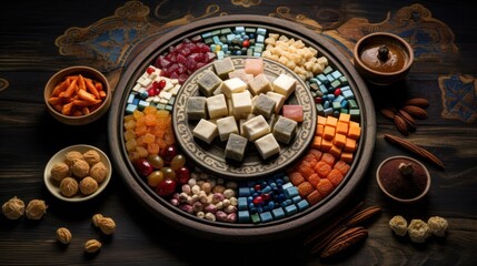  a platter filled with assorted candies, nuts, and a variety of cheeses on top of a wooden table.