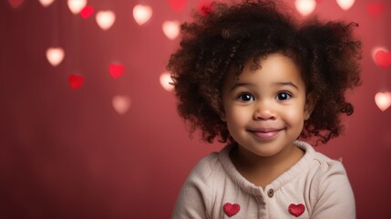 Adorable little girl with pink and red Valentine's Day studio backdrop. Happy biracial baby with balloons and hearts. Cute toddler holiday portrait. - obrazy, fototapety, plakaty