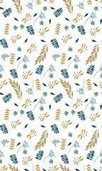 Gold and teal seamless pattern with leaves and flowers