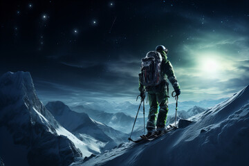Moonlit Ascent in Alpine Wilderness, solitary climber ascends a snow-covered mountain under a starry night sky, the moon illuminating the serene, frosty landscape.
