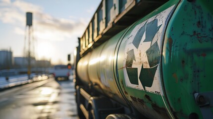 A collection of steel cans with a prominent recycling symbol displayed, arranged for long-term waste storage and management, emphasizing sustainability and environmental responsibility.