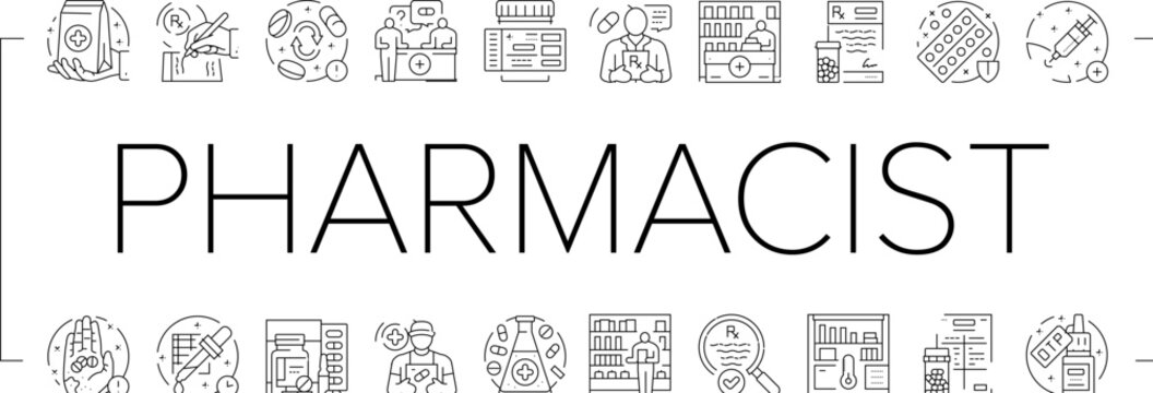 pharmacist medicine retail icons set vector. pharmacy drugstore, tablet woman, computer prescription, digital hospital, online pharmacist medicine retail black line illustrations