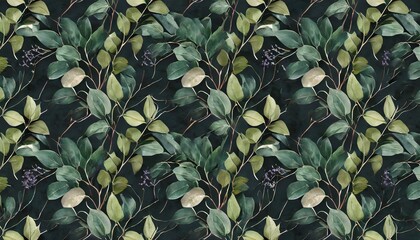 botanical seamless pattern green ivy leaves dark foliage floral tropical 3d illustration hand drawn watercolor drawing stylish luxury background wallpapers cloth paper mural fabric printing