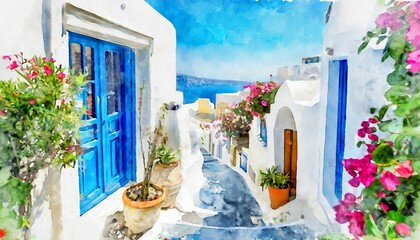watercolor painting depicting the idyllic streets of santorini greece with provence inspired architecture - obrazy, fototapety, plakaty