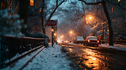 Obraz premium Evening winter scene with snow-covered street, glowing street lamps, and a stop sign.