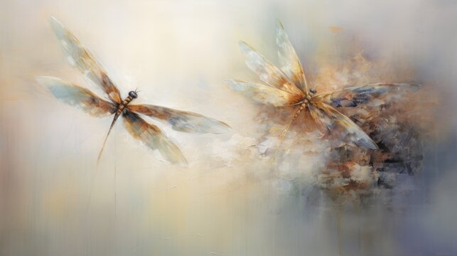  a painting of a couple of dragonflies flying over a body of water with a blue sky in the background.