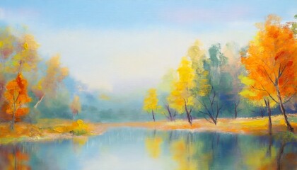 abstract oil painting autumn landscape forest and pond impressionist art hazy fall morning