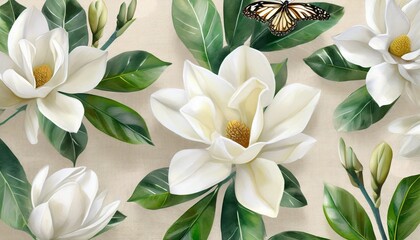 big white magnolia flowers on beige background green leaves beautiful tropical butterflies...