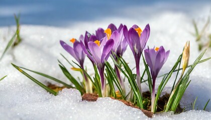 purple crocus flowers bloom in spring breaking through the snow - Powered by Adobe