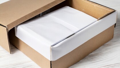 cardboard box with white wrapping paper and opened cover horizontal