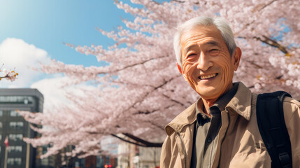 Modern happy elderly smiling man against the backdrop of pink cherry blossoms and metropolis city.
