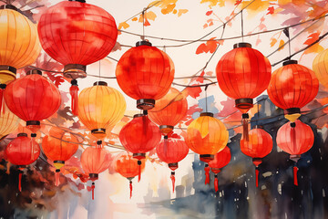 Fototapeta na wymiar Lanterns watercolor painting in red tone. Chinese New Year background with copy space. Generative AI.