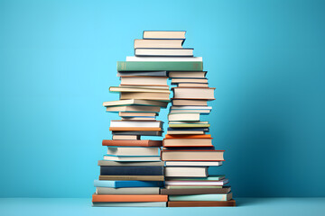 Stack of books isolated on blue background