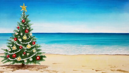 painting of a christmas tree on the beach and blue sea postcard
